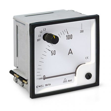 Analoges Dreheisenmessgerät für Wechselstrom mit eingebautem Messstellenumschalter, Amperemeter, Typ As, 72x72 mm, 96x96 mm