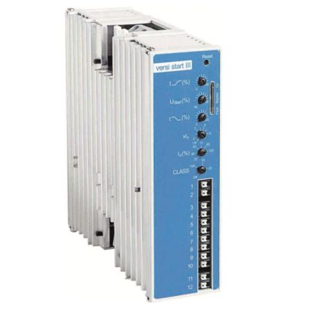 Sanftanlaufgerät VersiStart III 4 bis 22 kW, 9-45 A, Gerätenennstrom 9-45 A, dreiphasengesteuertes Sanftanlaufgerät, Überbrückungsrelais integriert, 3 getrennt einstellbare Parameter, Strom- und Drehmomentreduzierung beim Anlauf, Microcontroller gesteuert