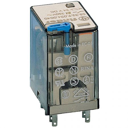 Serie 55 Industrierelais, 2, 3 oder 4 Wechsler, 7 oder 10 A, DC- oder AC-Spule, Basisolierung zwischen Spule - Kontaktsatzund, Blockierbare Prüftaste mechanische Anzeige