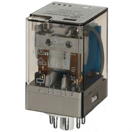 Serie 60 Universal-Industrierelais, 2 oder 3 Wechsler, 6 oder 10 A, DC- oder AC-Spule 8-poliger Sockel oder 11-poliger Sockel, Basisolierung zwischen Spule - Kontaktsatz, Blockierbare Prüftaste und mechanische Anzeige, Zwillingskontakte für kleine Lasten
