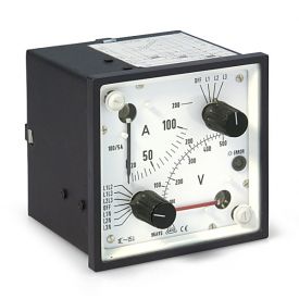 Analoges Dreheisenmessgerät für Wechselstrom und Wechselspannung mit eingebautem Messstellenumschalter, Amperemeter und Voltmeter mit eingebautem Messstellenumschalter, Typ AVs, 96x96 mm