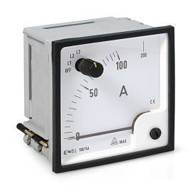 Analoges Dreheisenmessgerät für Wechselstrom mit eingebautem Messstellenumschalter, Amperemeter, Typ As, 72x72 mm, 96x96 mm