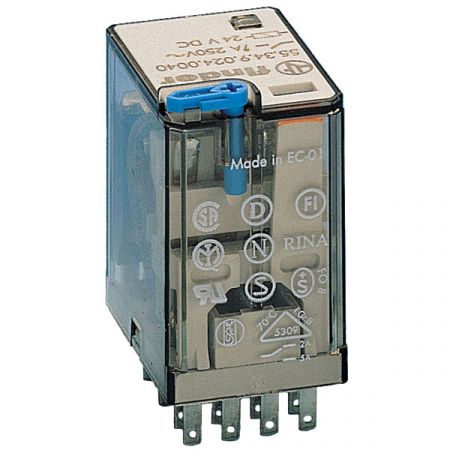 Finder Industrierelais 55.34, Miniatur-Industrie-Relais für Leiterplatte oder steckbar, Spulen für AC und DC, Blockierbare Prüftaste und mechanische Anzeige, Kompatibel mit Zeitrelais Serie 85, Fassungen für Leiterplatte oder 35 mm Schiene mit Schraub- ..